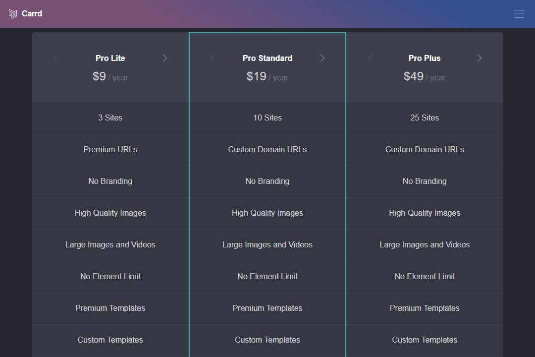 Three pricing plan descriptions on the Carrd pricing plan page