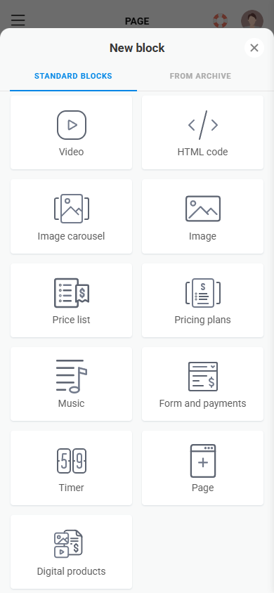 The bottom of the page with available Taplink blocks