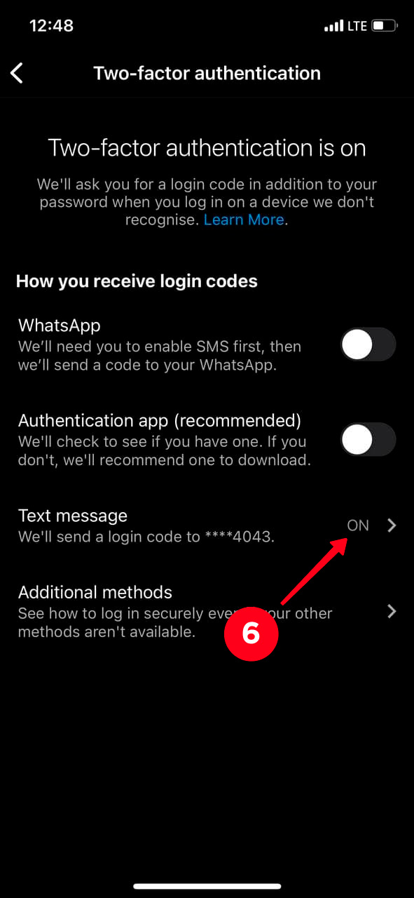 Tapping Text message in the Instagram settings