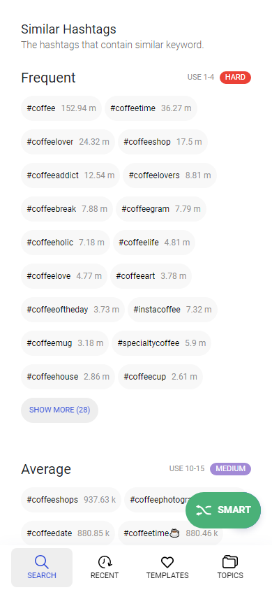 Similar hashtags collected in the Inflact online service