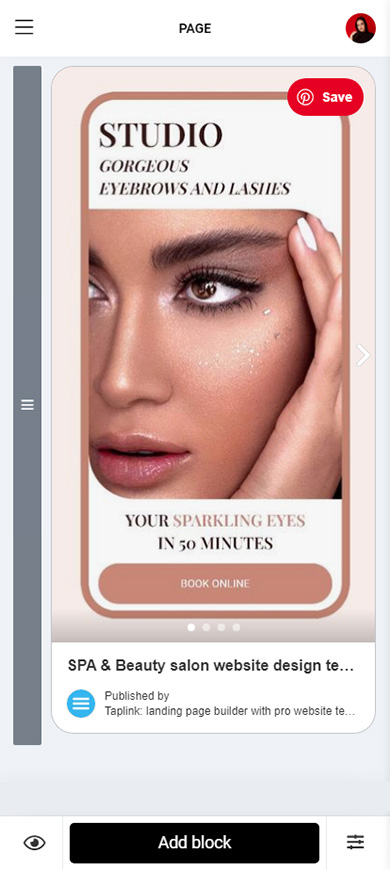 Pin widget added to a Taplink page with an HTML block