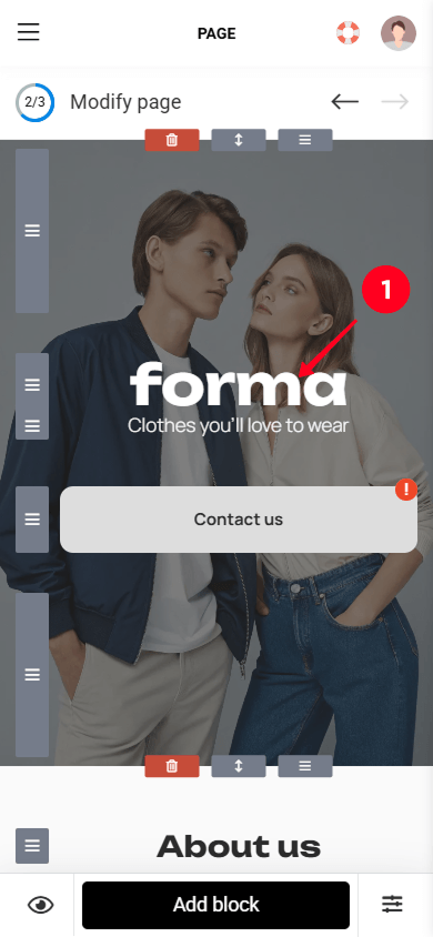 Tapping the brand name in the clothing website editor in Taplink