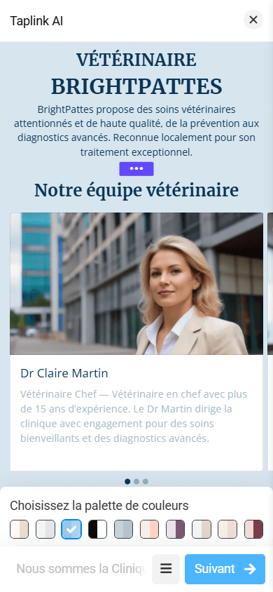 Une page avec un thème de couleurs bleu dans l’outil de lien en bio Taplink AI