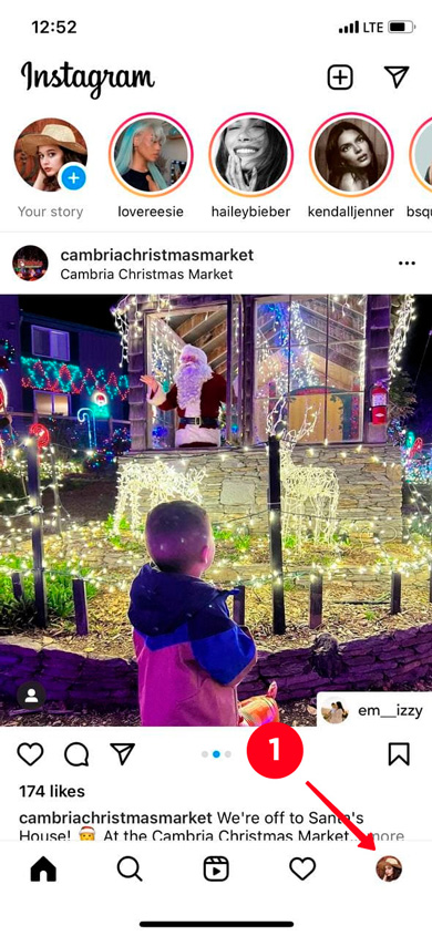 Switching to the profile tab in the Instagram app
