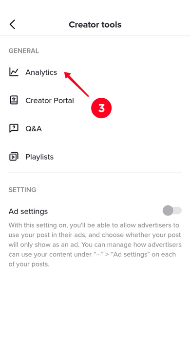 Selecting Analytics in the Creator tools menu in the TikTok app