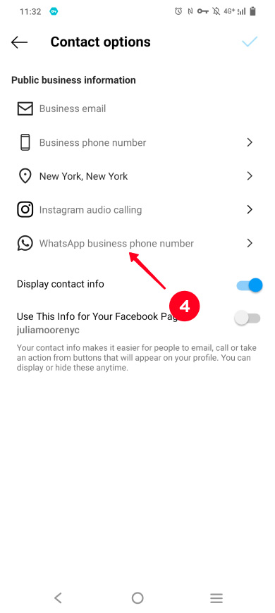 Choosing WhatsApp filed in the Instagram profile contact options
