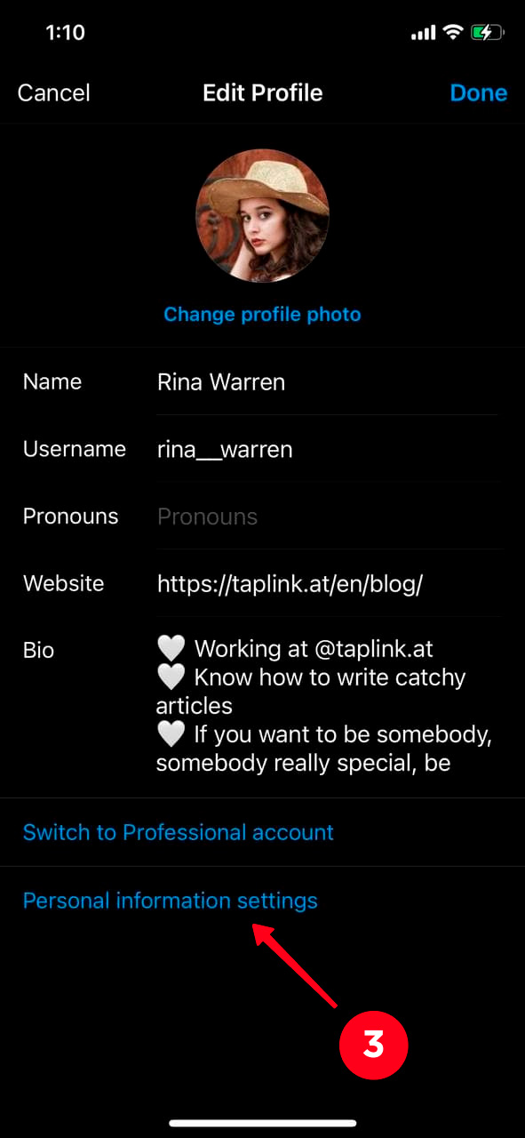 Choosing Personal information settings in the Instagram app