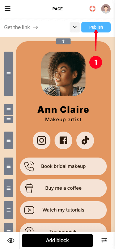 Tapping the Publish button in the Taplink link tree creator
