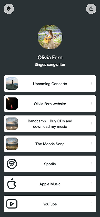 Musician’s link in bio page that opens by following the Linktree link on Instagram