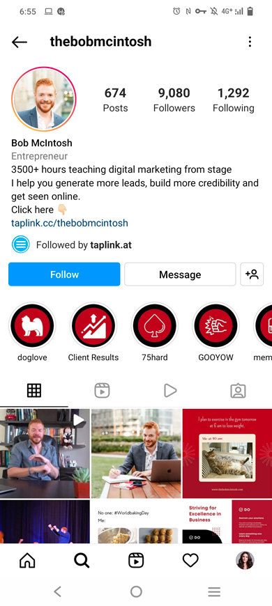 Profilo Instagram di un marketer con un link alla pagina per aggiungere più di 150 caratteri alla sua bio