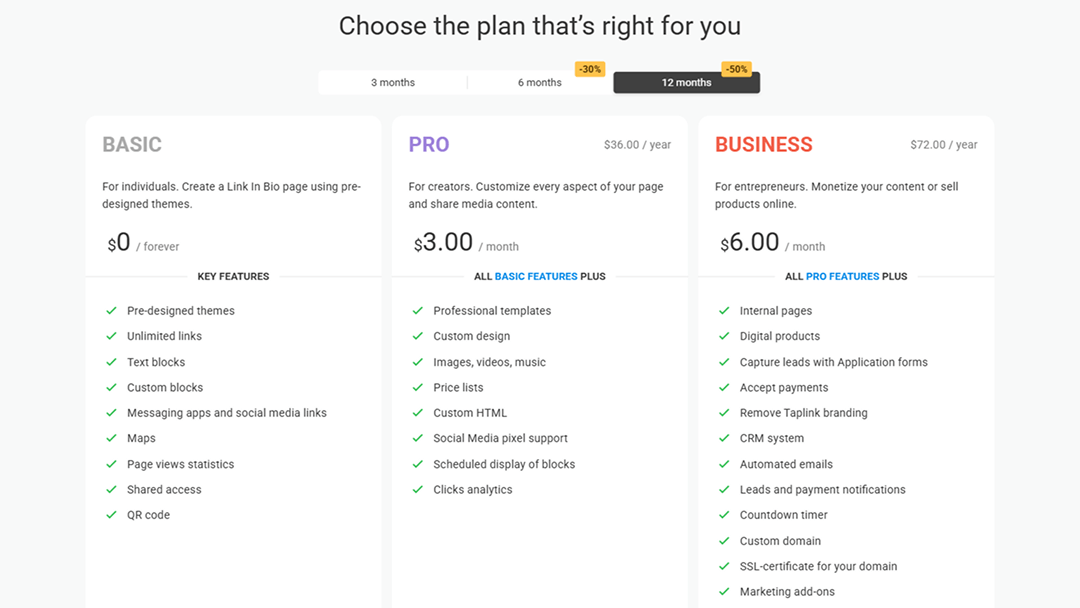 Taplink pricing plans page displaying three plan tiers