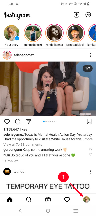 Cambiare alla scheda della pagina profilo nell'app di Instagram
