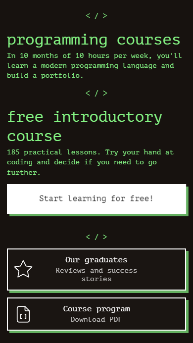 A page available by the link in a TikTok profile bio of a coding school