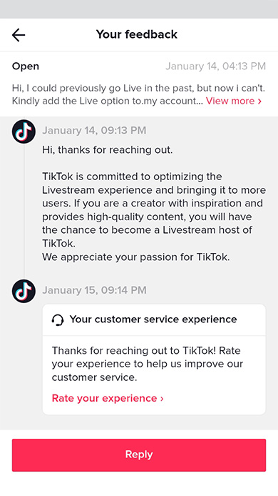 Answer of the support team to the request of adding the feature for going live on TikTok