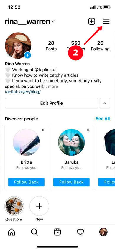 Tapping the three bar icon on an Instagram profile page