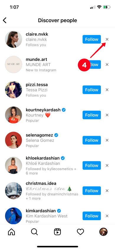 Deleting an account from the list of suggested Instagram accounts