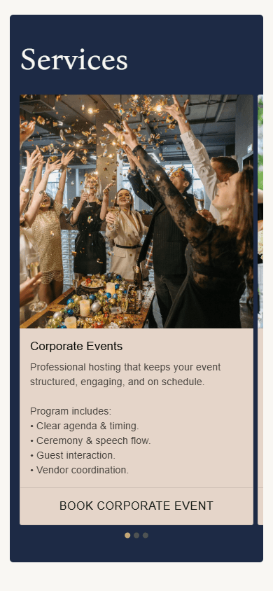 Middle section of the event host’s Tap Bio-style page created with Taplink and featuring an image carousel