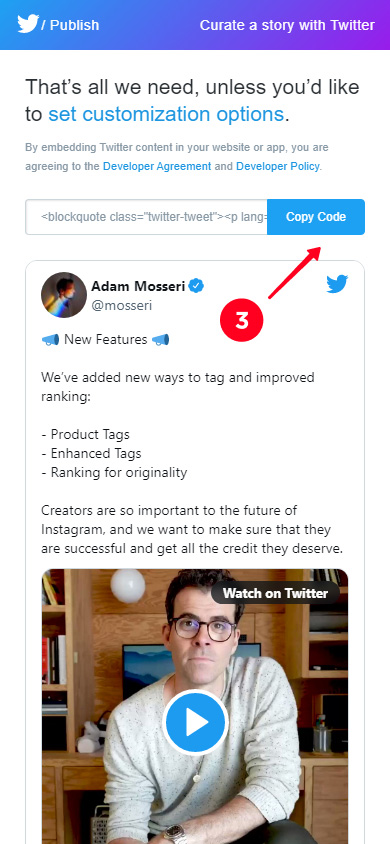 Tapping Copy Code on the Twitter Embed code page