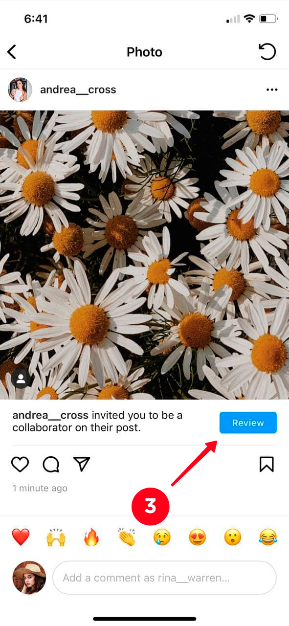 Tapping Review near a notification of the invitation to be a collaborator on the Instagram post