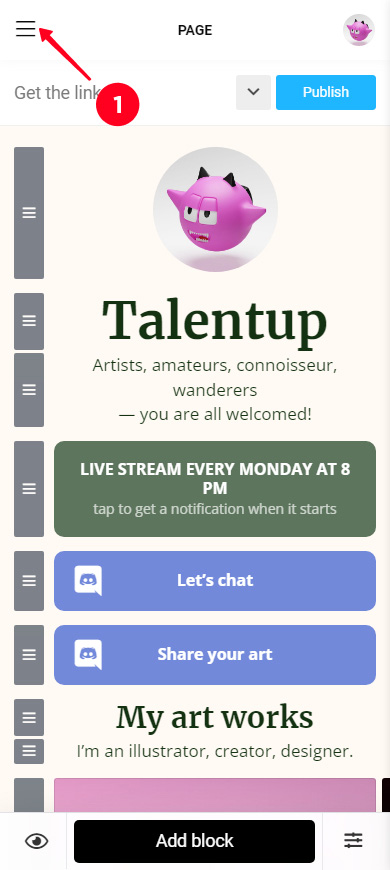 Opening the Taplink profile menu in the editor