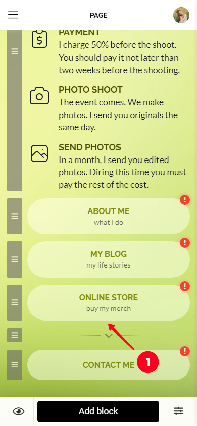 Toccare un pulsante nell'editor di pagina Taplink