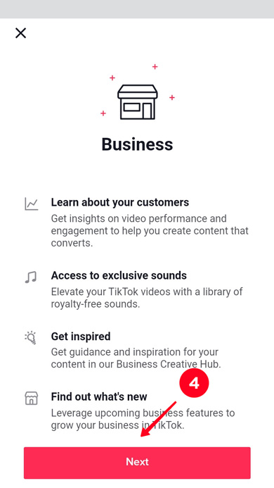 Tapping the Next button when setting up TikTok Business account