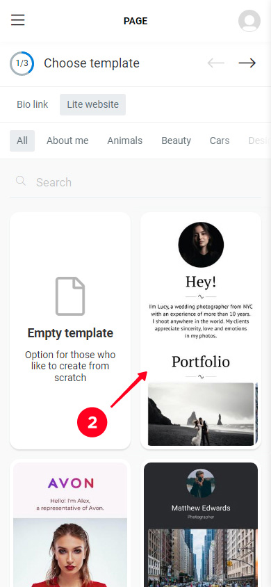 Choosing a photographer page template in the Taplink library