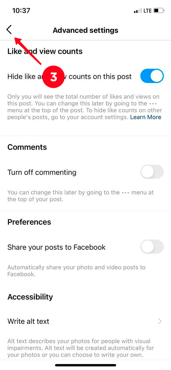 Exiting advanced settings when posting on Instagram