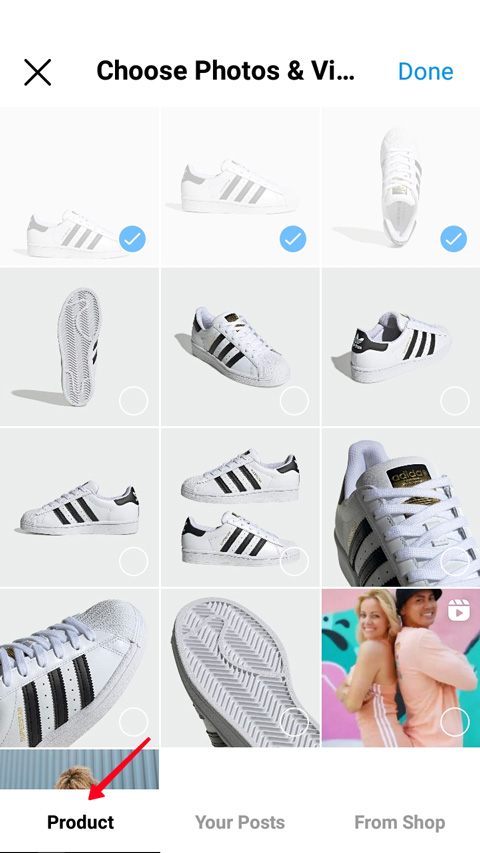 Highlighted Product tab in the menu for choosing product’s photos and videos on Instagram