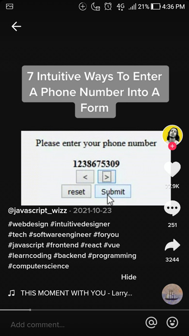 Screenshot of a way to enter a phone number into a form in a TikTok video in the app