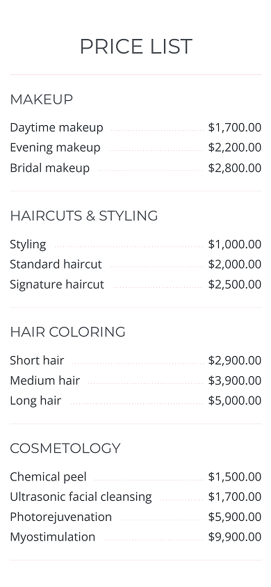 Middle of a beauty salon’s page with service categories and prices in Taplink’s Price list block