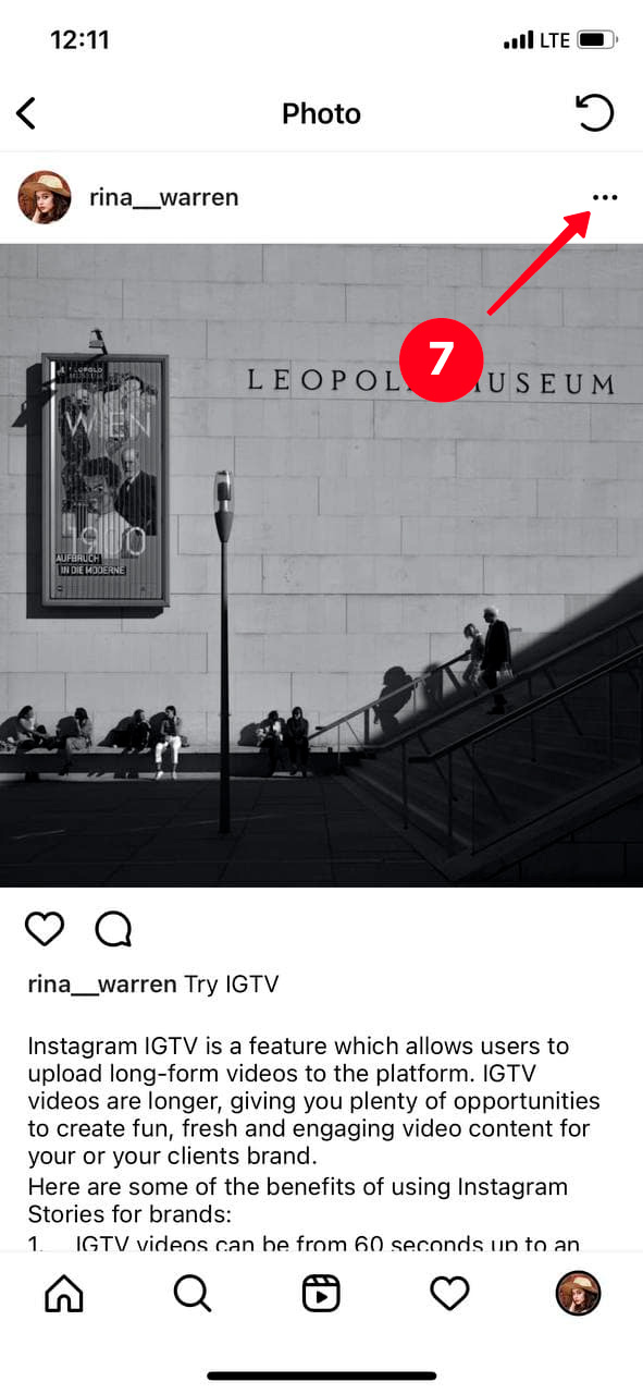 Tapping the three dots button above the photo of an Instagram post