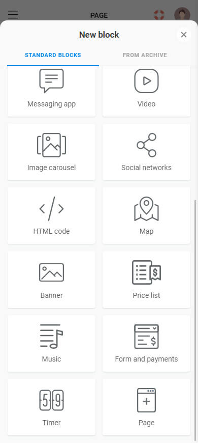 Second part of the content blocks in the Taplink electronic business card builder
