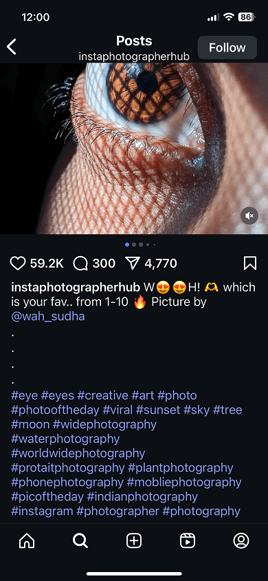 An Instagram photo featuring a caption with hashtags posted by a photographer