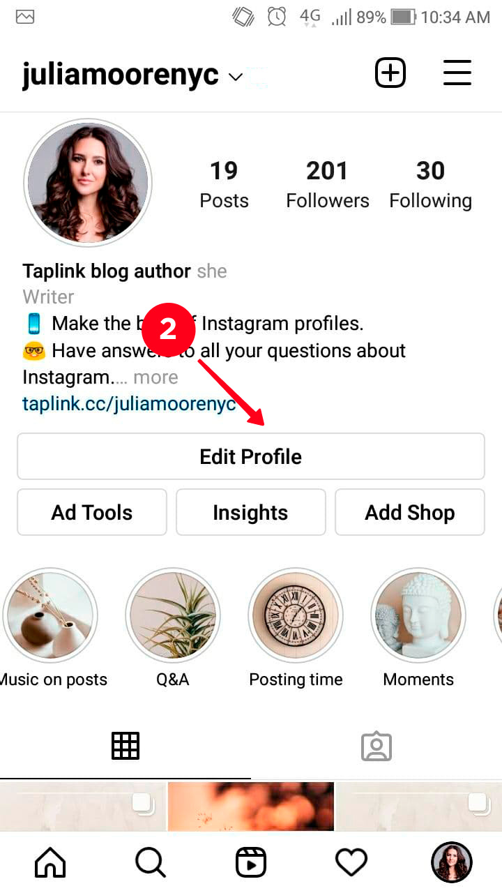 Tapping Edit profile on an Instagram page