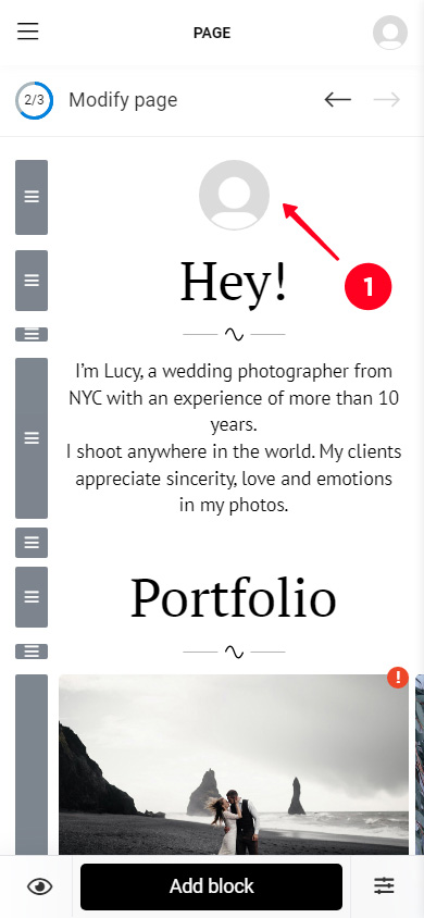 Tapping the blank profile photo on a photographer page in the Taplink editor