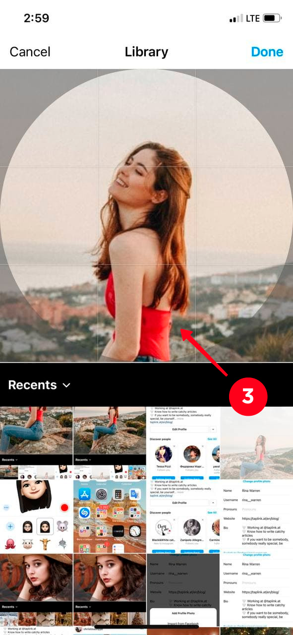 Photo moved in the frame in the Instagram profile photo settings