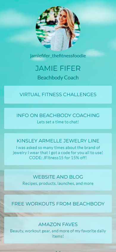 Bir sosyal medya fitness influencer'ının bağlantı listesi içeren biyodaki bağlantı sayfası
