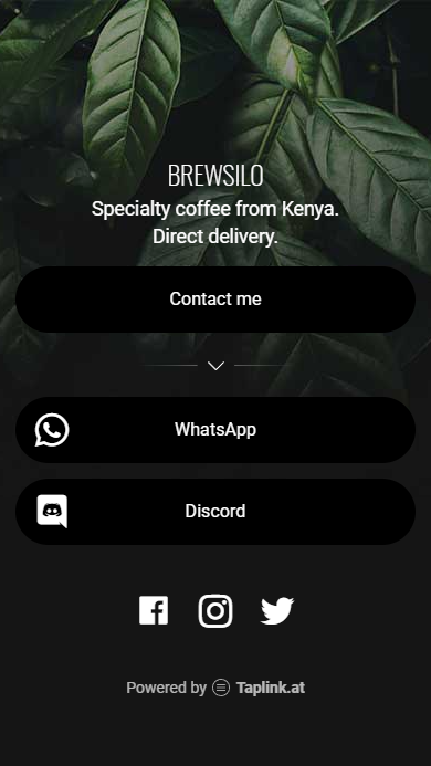 Taplink page with contact buttons made for a coffee supplier's Instagram account