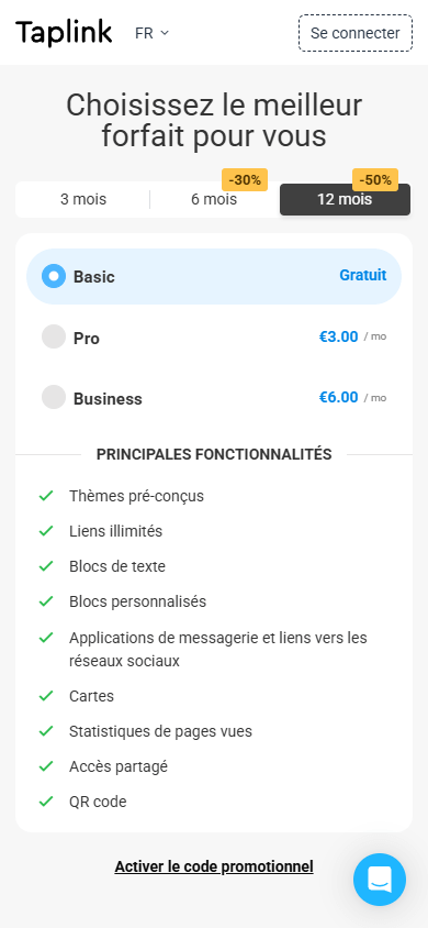 Plan tarifaire pour créer une page Linktree gratuitement