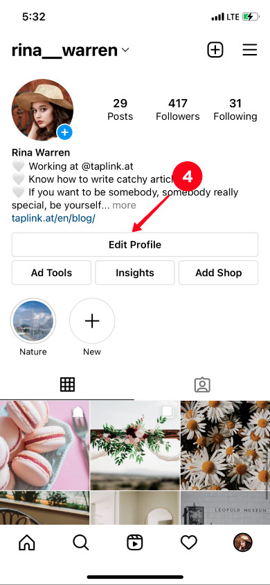 Tapping Edit profile on an Instagram profile page in the app