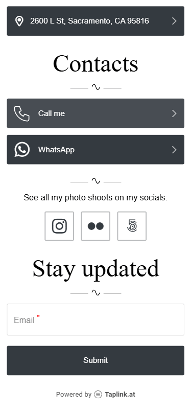 Taplink link in bio page featuring an address button, headlines, call buttons, text, social links, and an opt-in form