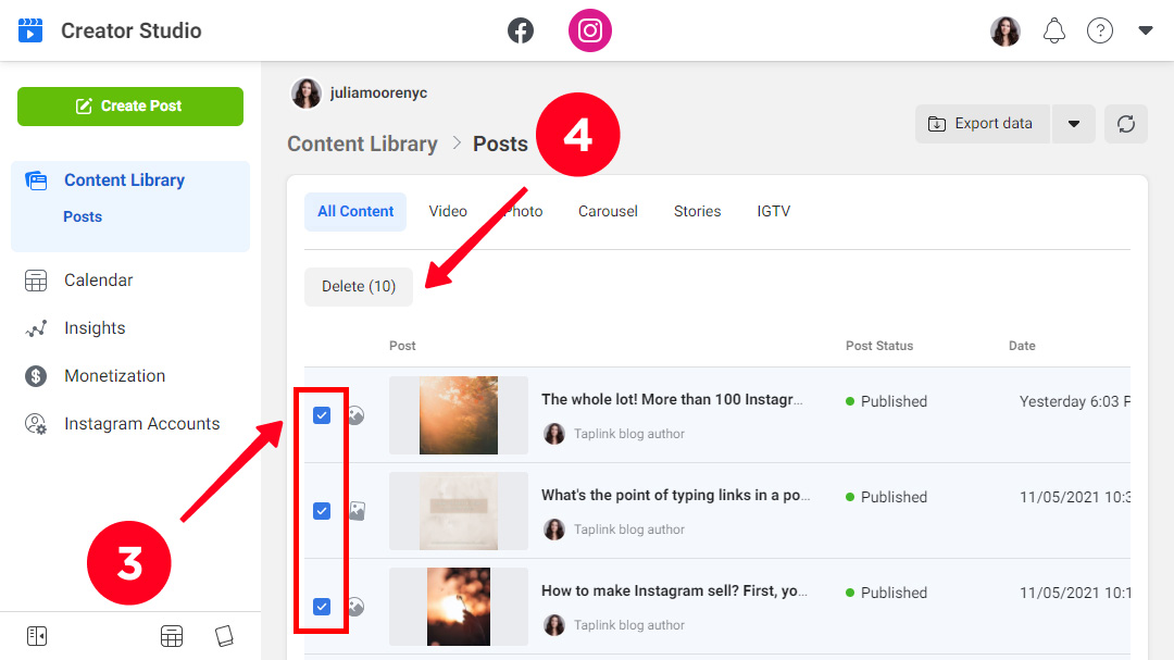 Deleting multiple Instagram posts in the Creator Studio on a computer