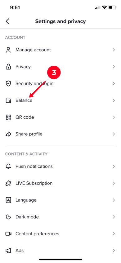 Choosing Balance in the Settings and privacy menu
