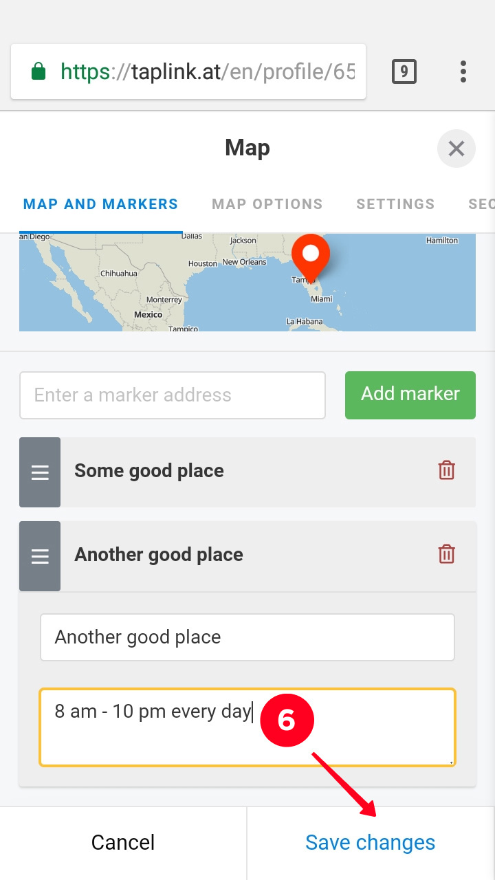 Guardar los cambios en la configuración del bloque de mapa en Taplink