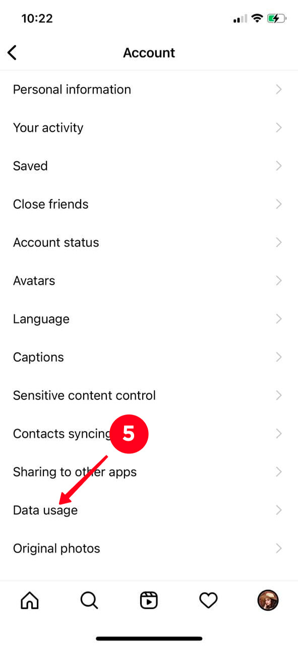 Choosing Data usage on the list of Account settings