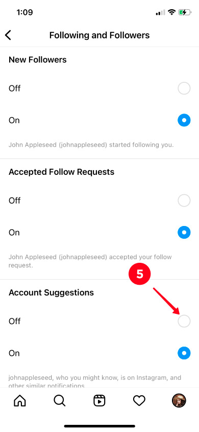 Choosing Off in the Account Suggestions settings
