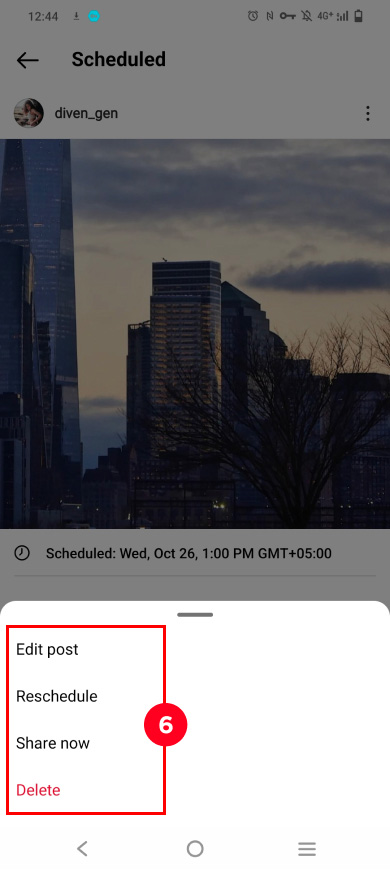 Highlighted scheduled Instagram post options