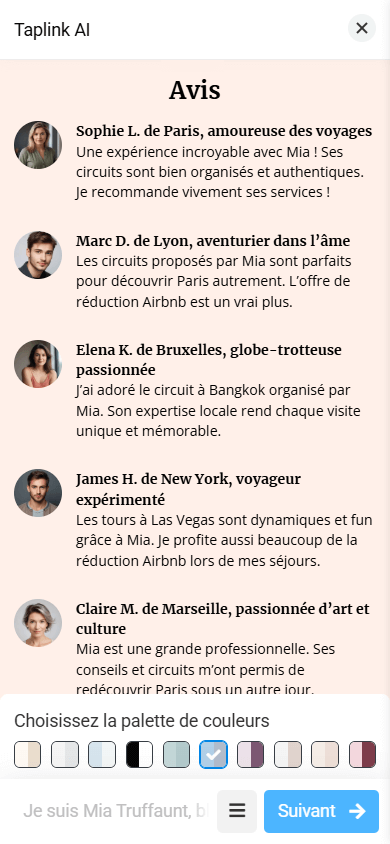 Une mise en page de la section Avis avec de petites photos clients, leurs noms et leurs témoignages