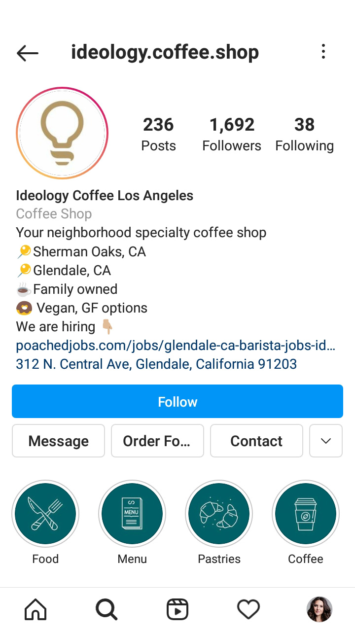 Pagina Instagram di un fornitore di caffè con il nome del marchio impostato come nome del profilo